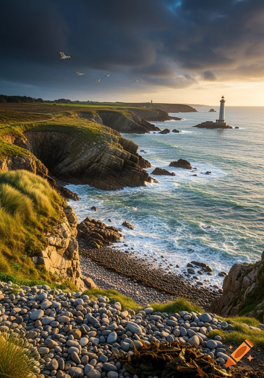 Photorealistic image of a rugged coastline with a lighthouse on a rocky outcrop, waves crashing, under a dramatic sky at sunset.