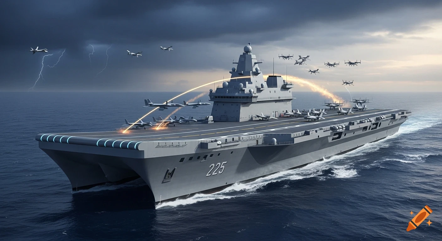 A futuristic grey aircraft carrier sails through a stormy sea, launching numerous jets and drones as lightning flashes in the sky.