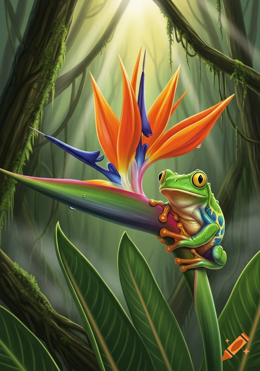 A vibrant green tree frog with orange feet perches on a colorful bird of paradise flower in a sunlit jungle.