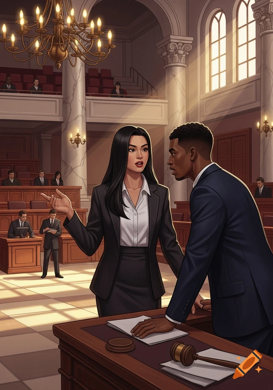 Two people, likely lawyers, are animatedly discussing at a table in a grand courtroom, with other people in the background, in an illustrative style.