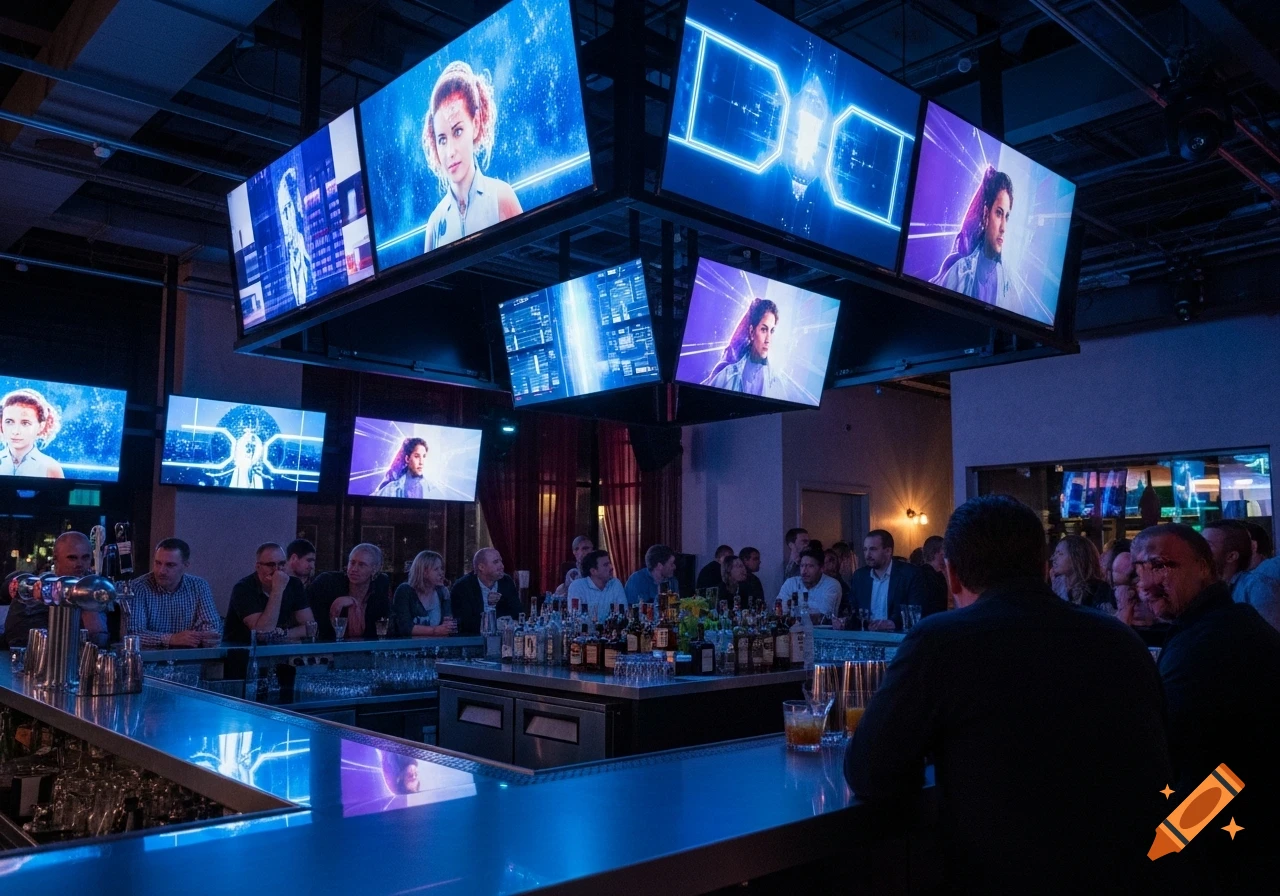 A futuristic bar with patrons seated at a blue-lit counter, watching multiple large screens displaying digital art and abstract graphics.