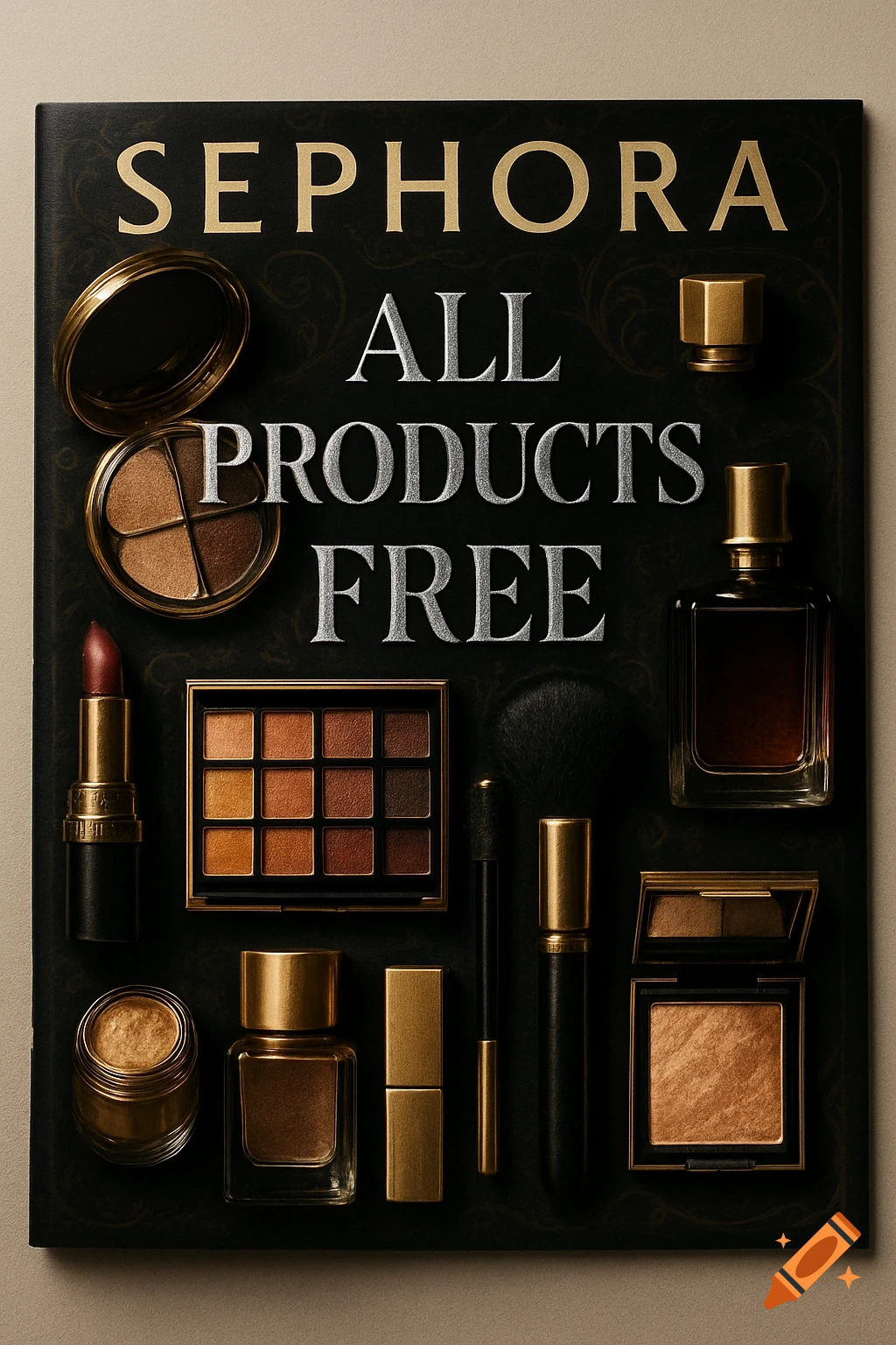 Sephora catalogue flat lay of makeup and perfume on a dark background with 'ALL PRODUCTS FREE' text.