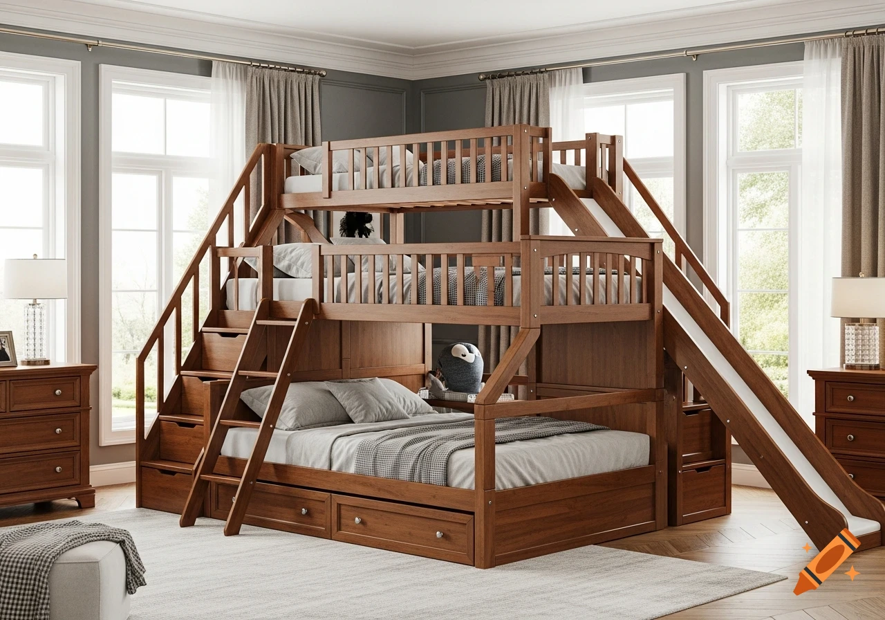 A large wooden triple bunk bed with stairs, drawers, and a slide in a bright, well-lit child's bedroom.