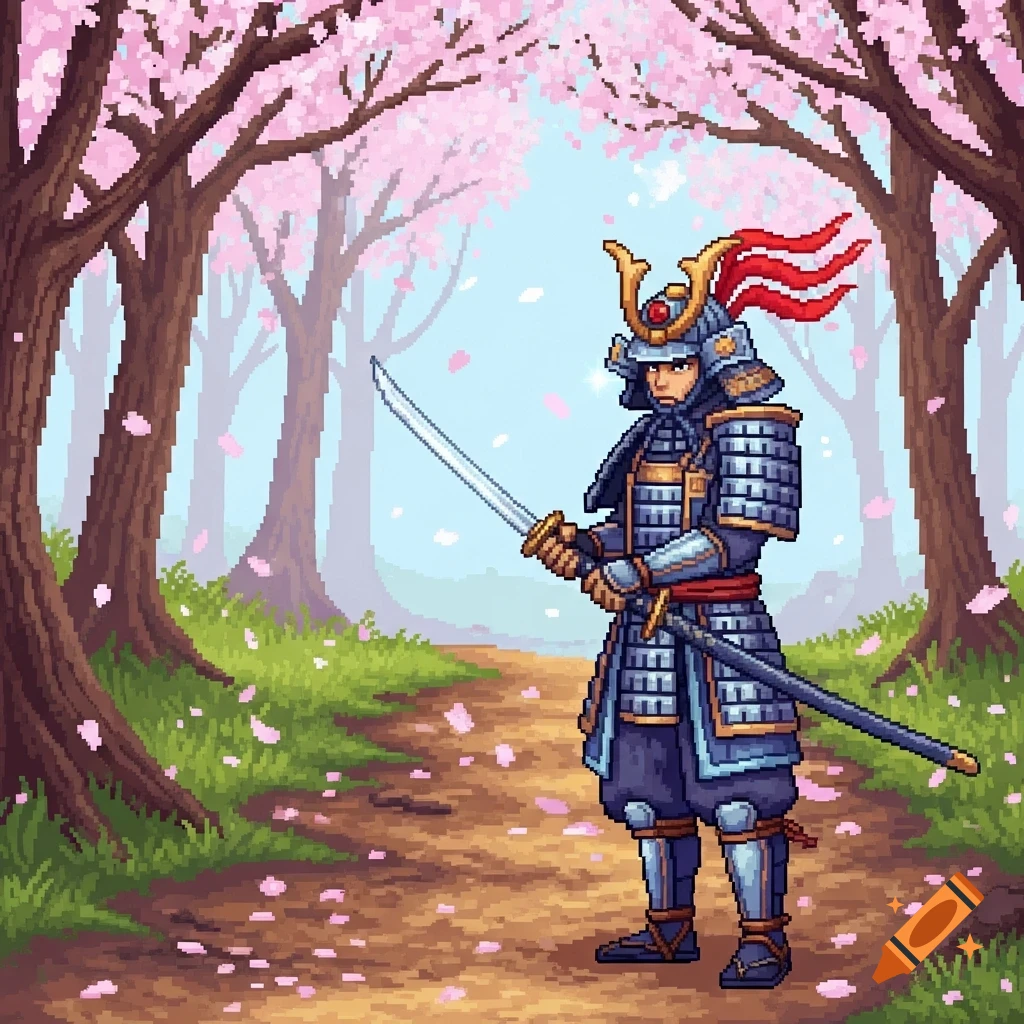 A pixel art samurai in full armor, holding a katana, stands on a path lined with cherry blossom trees with falling petals.