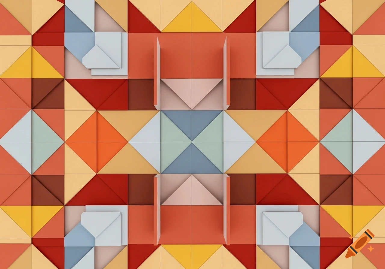 A vibrant 3D geometric pattern of folded squares and triangles in red, orange, yellow, blue, and brown hues.