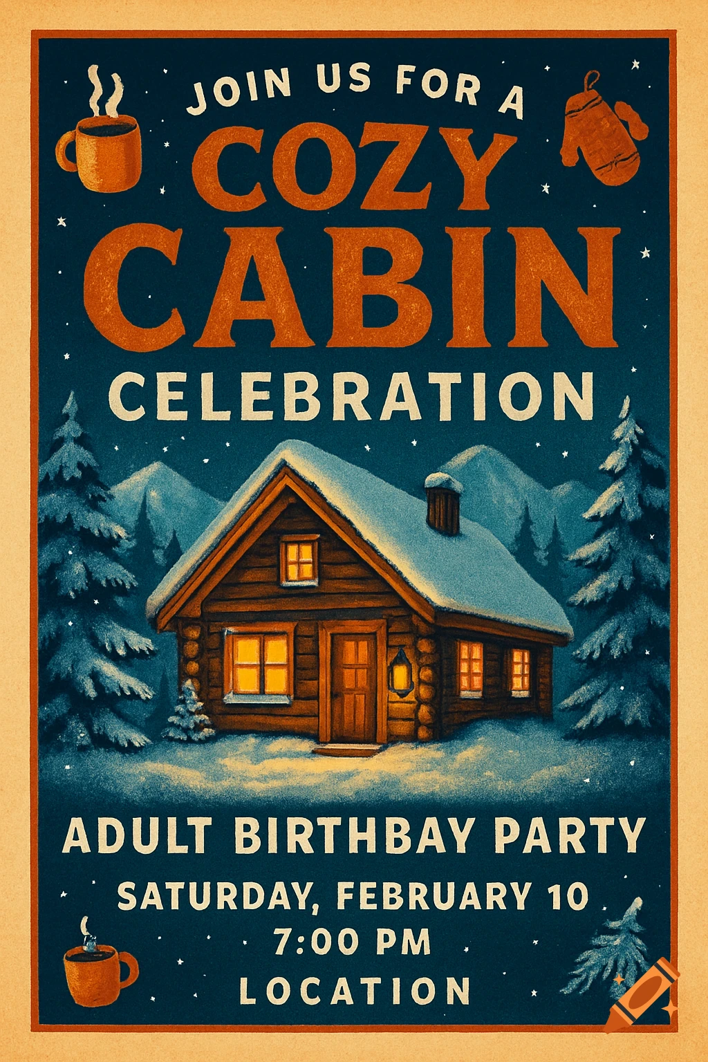 Retro illustration of a snowy log cabin at night with pine trees, featuring text for a 'Cozy Cabin Celebration Adult Birthday Party' invitation.