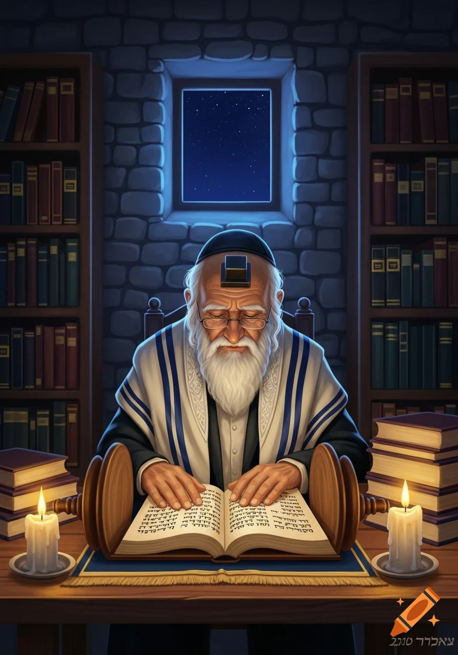 Elderly bearded Jewish man wearing tefillin and tallit, reading a religious book by candlelight in a stone room with bookshelves.