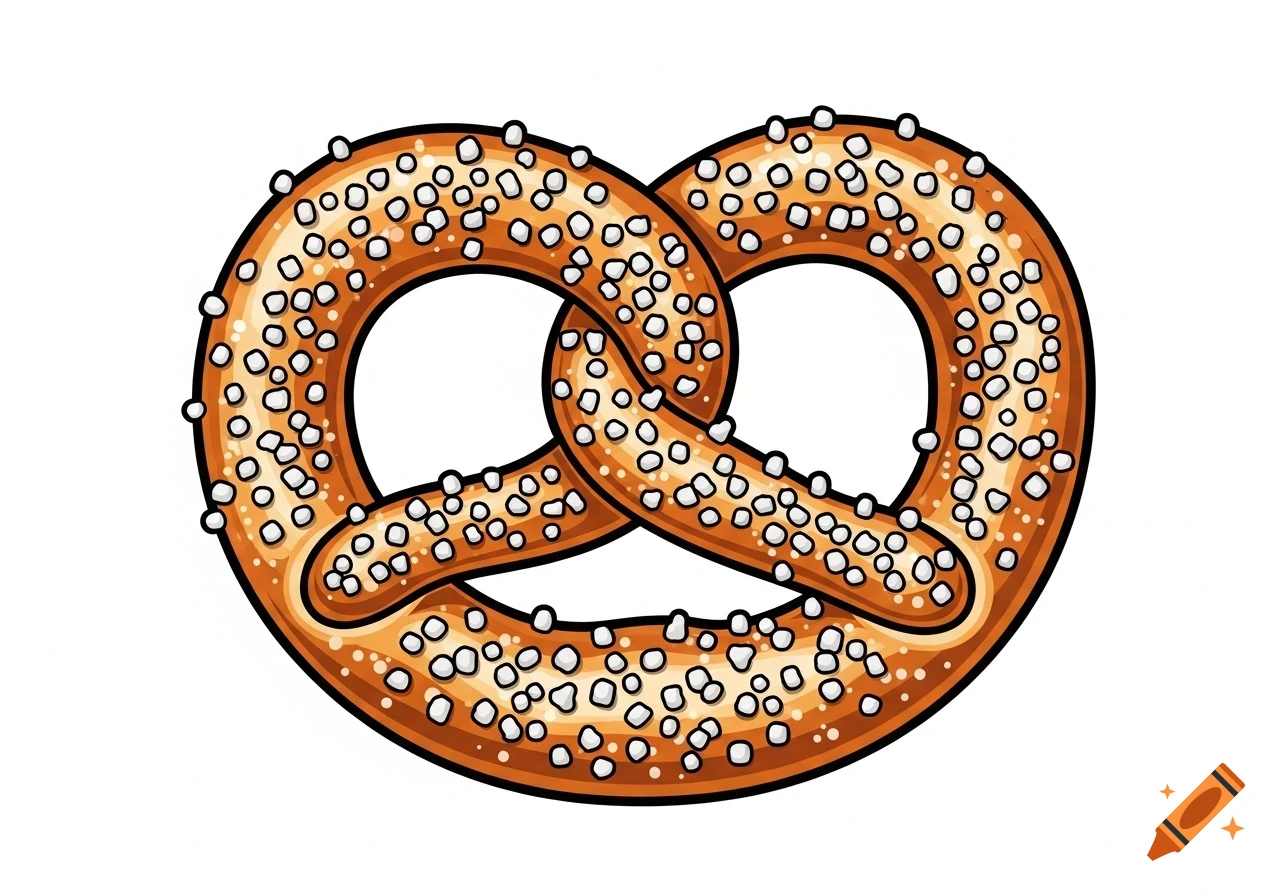 Clipart illustration of a pretzel covered in a large amount of salt on a white background.