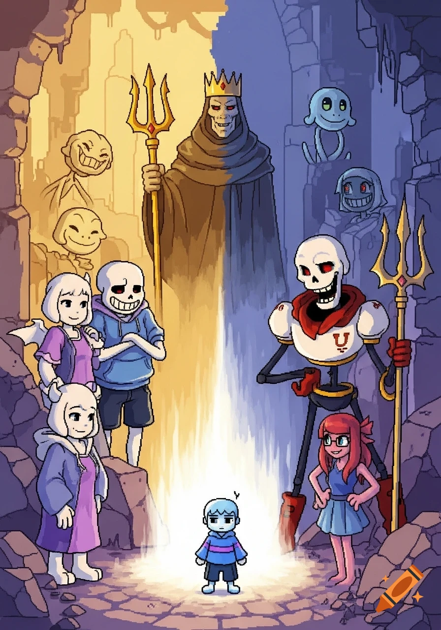 Pixel art of a human child glowing in a cavern, surrounded by Undertale characters like Sans, Papyrus, and King Asgore.