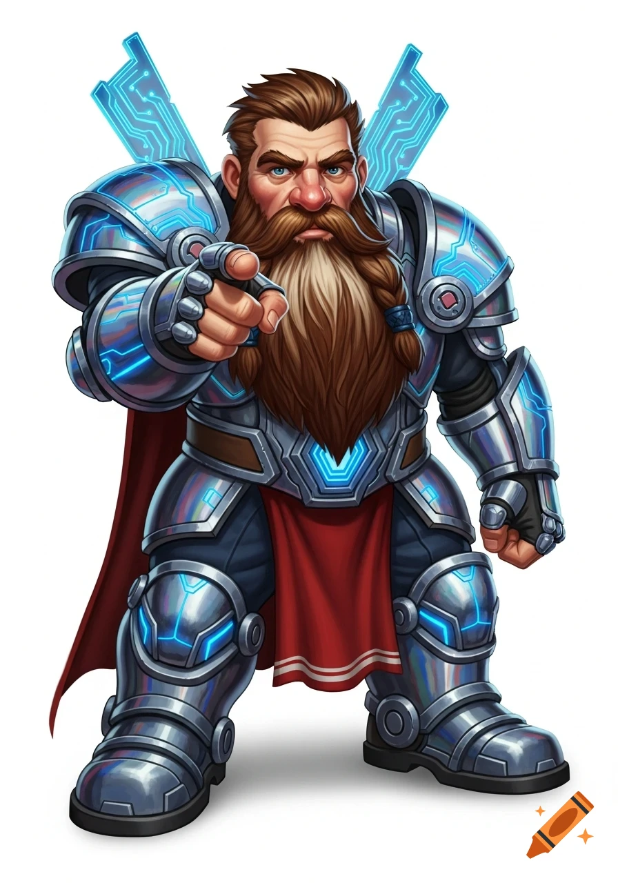 A muscular dwarf in shiny futuristic silver and blue armor with a brown braided beard points directly forward on a white background.