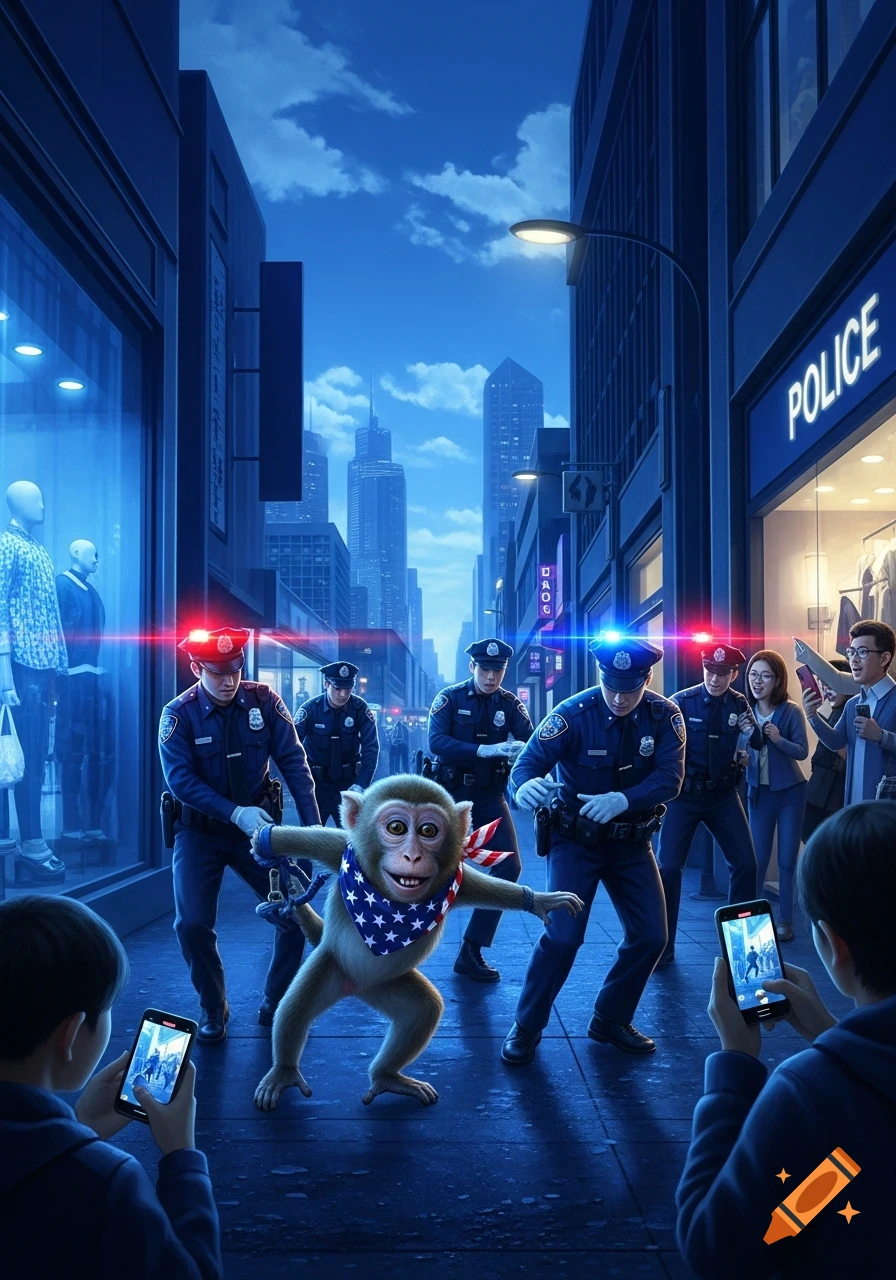 A cartoonish monkey wearing an American flag bandana is being apprehended by police officers on a city street at night, while onlookers film with phones.