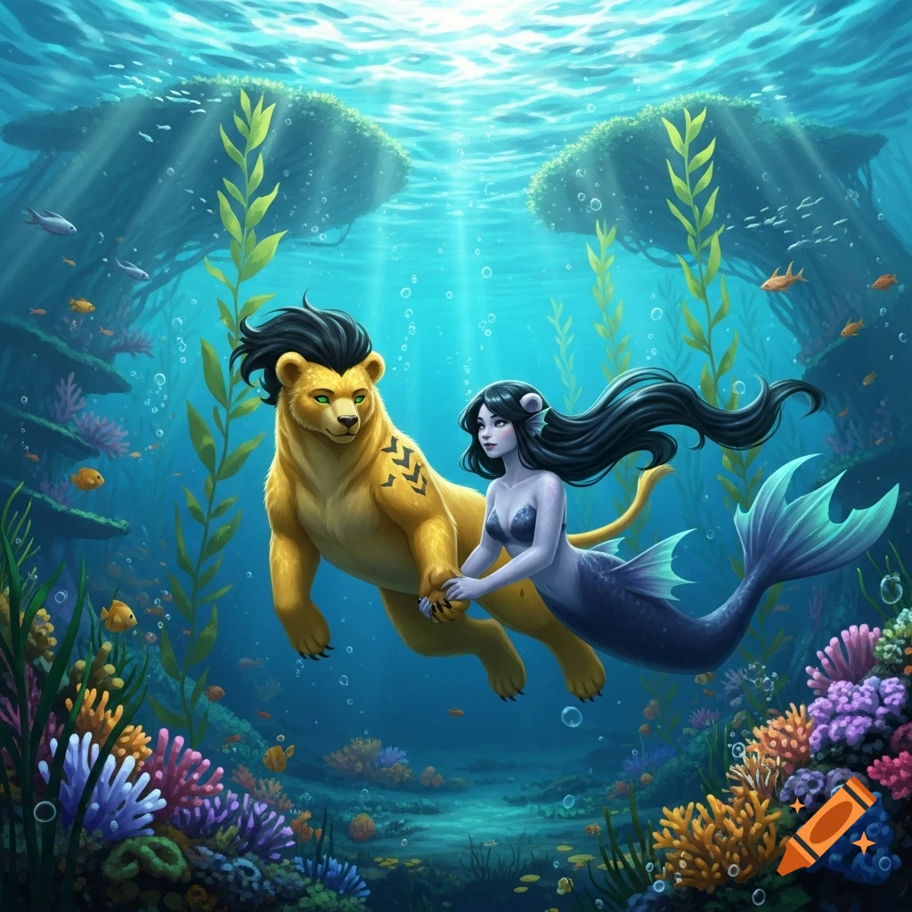A golden lion-like creature and a mermaid swim hand-in-hand underwater amidst colorful coral and plants, illustrated in a fantasy style.
