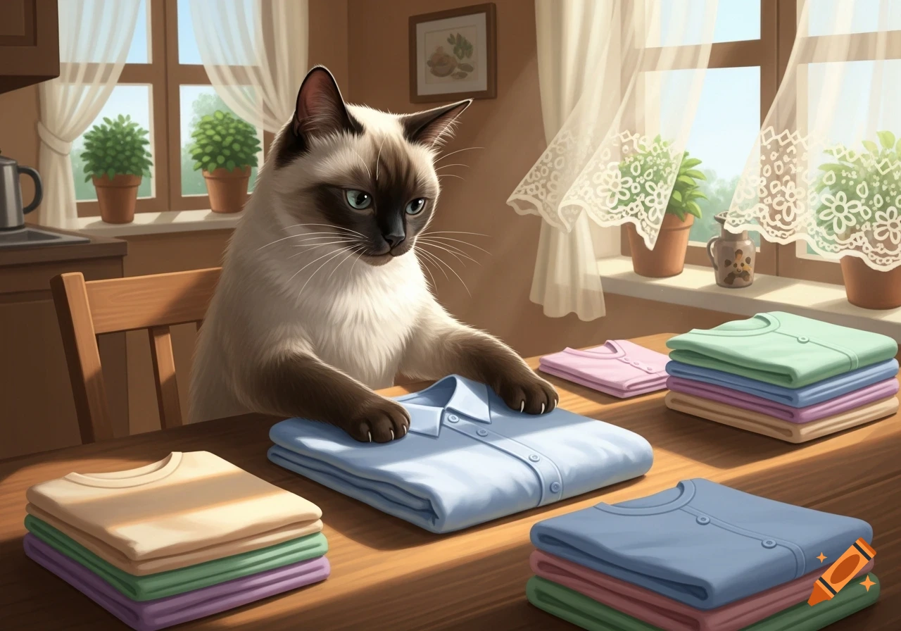 A Siamese cat with blue eyes sits at a wooden table, carefully folding a light blue shirt amongst stacks of other folded colorful laundry in a sunlit room.