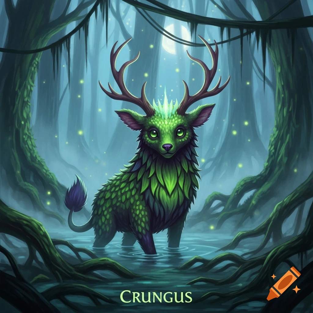 A whimsical, moss-covered green creature with antlers and glowing eyes stands in a misty, moonlit swamp, with the word "Crungus" below.