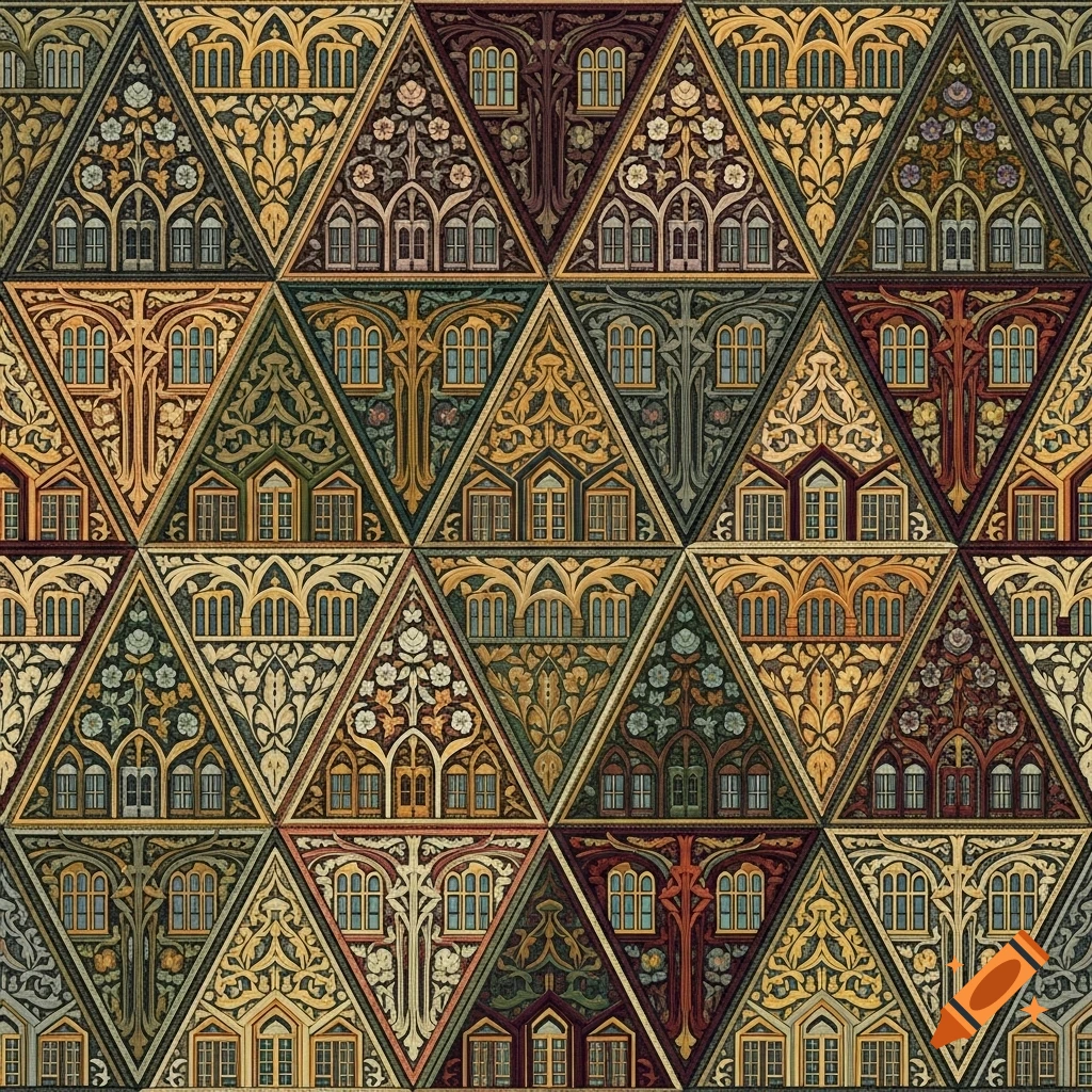 William Morris inspired repeat pattern of triangular architectural elements and floral motifs in earthy tones.