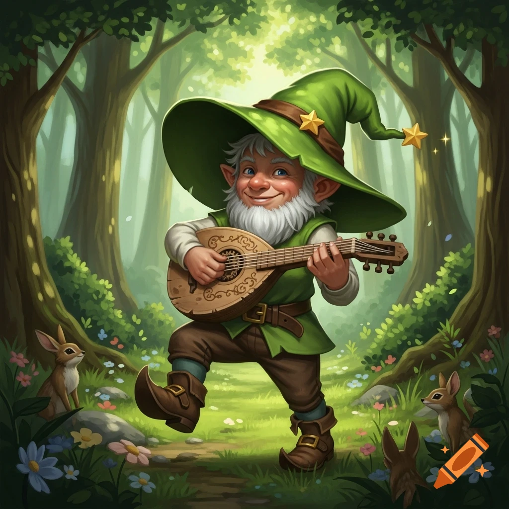 A cheerful forest gnome bard with a big green hat and white beard plays a lute while walking through a whimsical forest with rabbits.