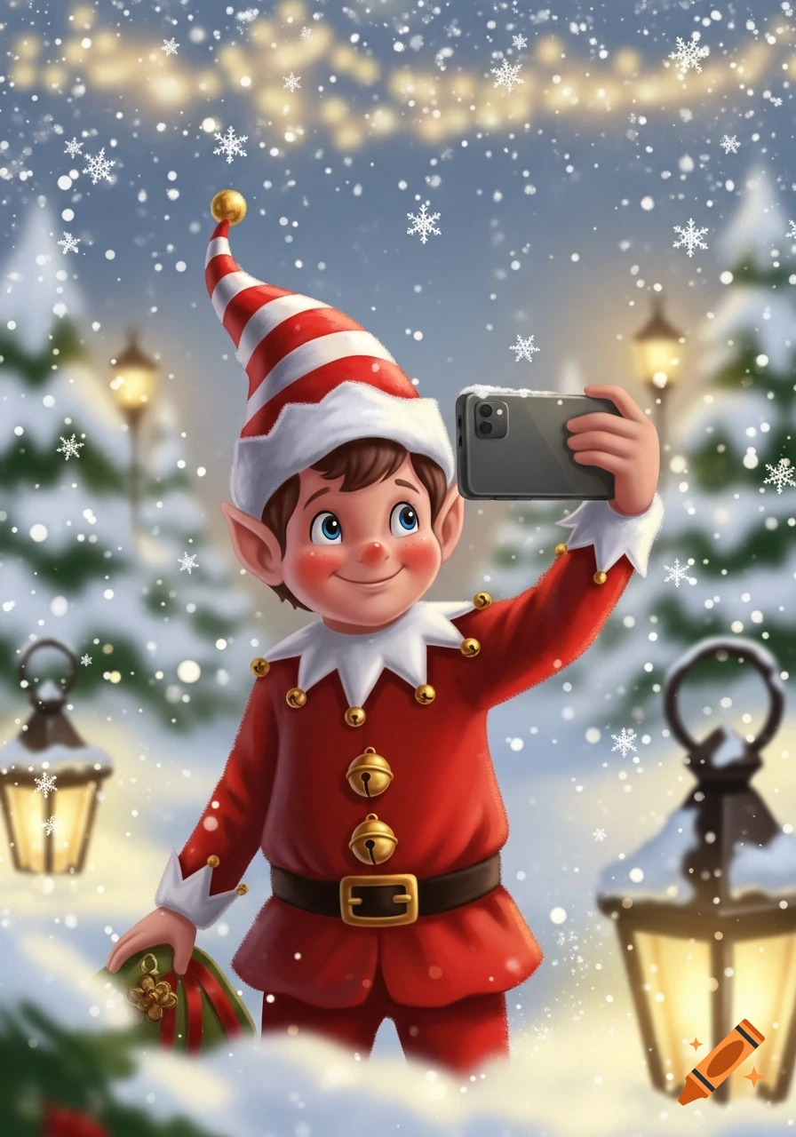 A smiling cartoon Christmas elf in a red suit and striped hat takes a selfie with a phone in a snowy, festive setting with lanterns and string lights.