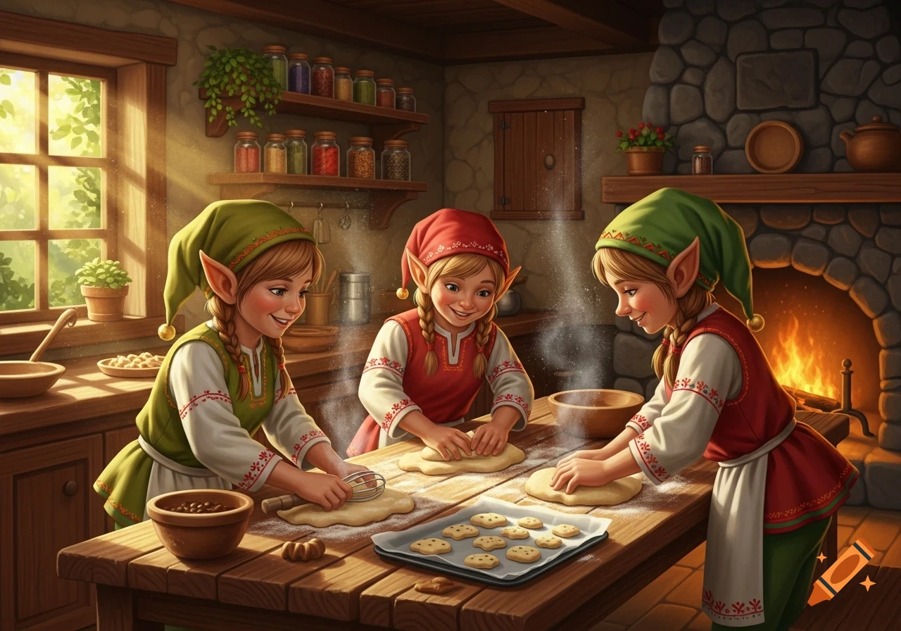Three smiling elves in a warm, sunlit kitchen baking cookies, with a tray of cookies on the table and a fireplace nearby.