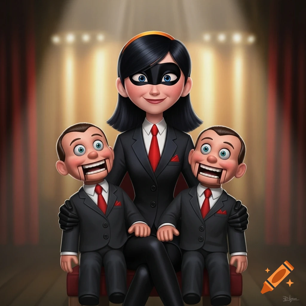 Violet Parr sits on a stage chair with two Slappy-like ventriloquist dummies on her lap, all smiling in an animated style.