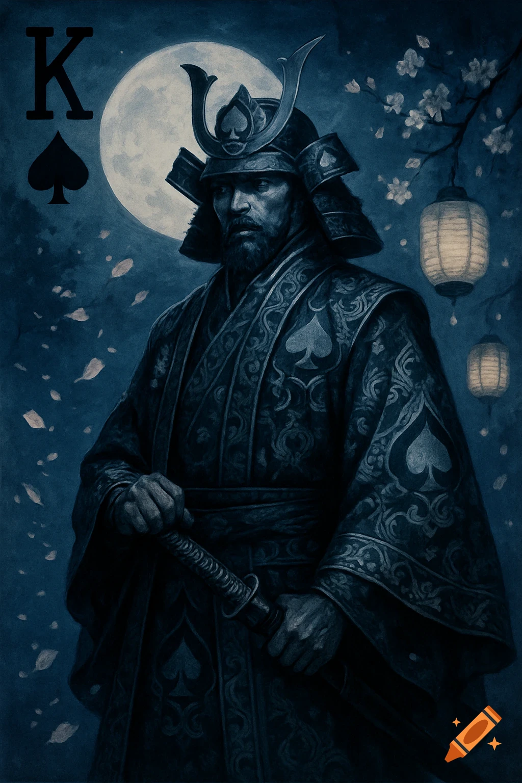 A stylized illustration of a samurai-style King of Spades playing card, featuring a warrior under a full moon with lanterns.