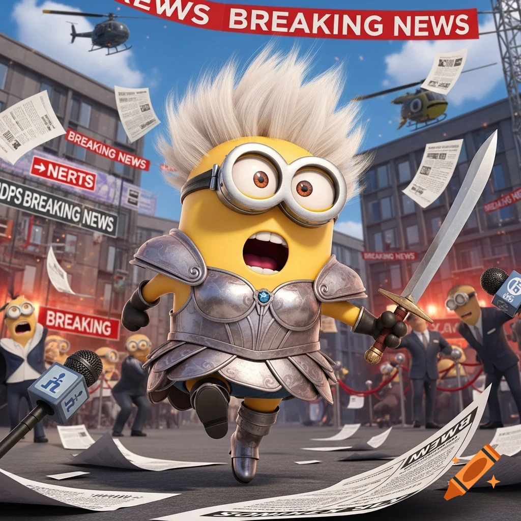 A Minion warrior with spiky white hair and silver armor runs wildly through a city, holding a sword. Newspapers and 'BREAKING NEWS' banners fly around, with helicopters in the background, creating a chaotic news scene in a cartoon style.