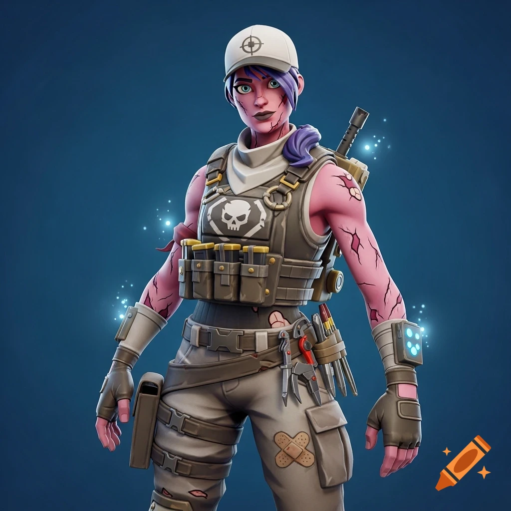 Stylized female zombie hunter in Fortnite art style, with pink cracked skin, purple hair, white cap with crosshair, tactical vest, cargo pants, and utility gear.