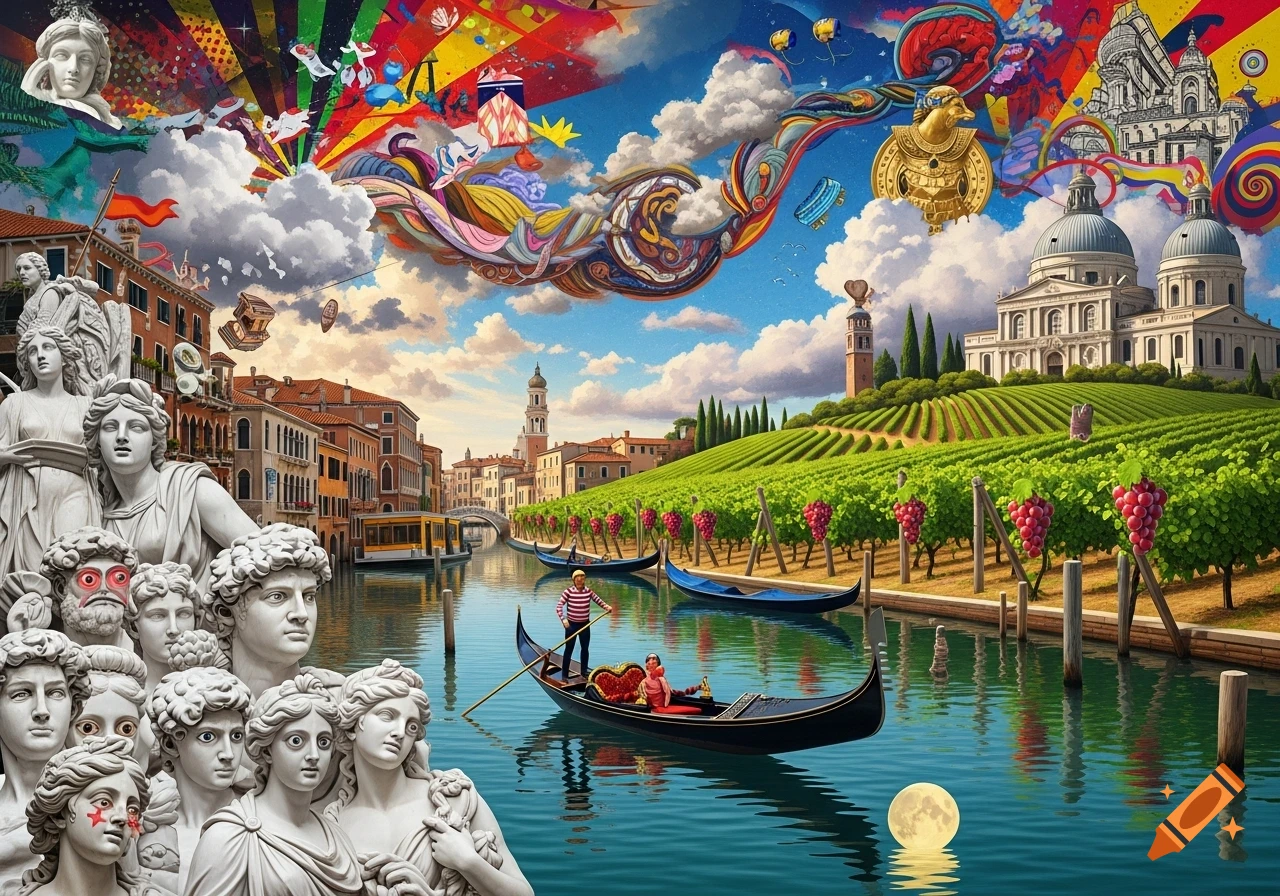 A vibrant, surreal landscape combining Venetian canals with gondolas, classical statues with distorted faces, Tuscan vineyards, and abstract art.