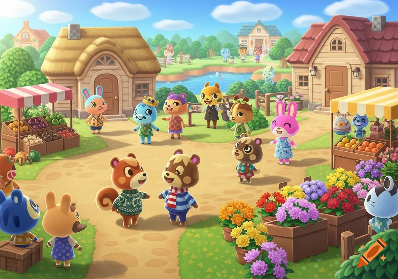 A cheerful Animal Crossing village scene with numerous anthropomorphic animal characters, houses, market stalls with fruits and flowers, and a river.
