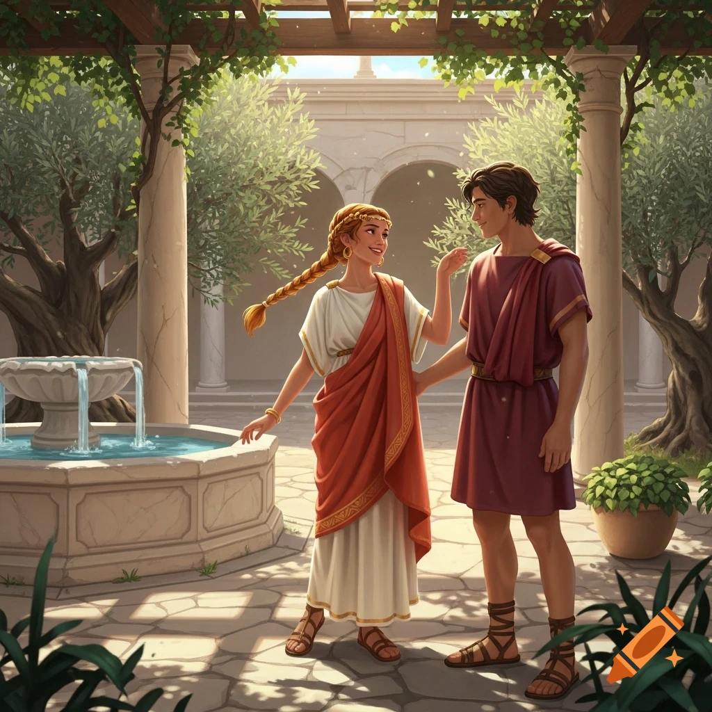 Illustration of a happy Roman couple in togas, standing in a sunny courtyard with a fountain and olive trees.