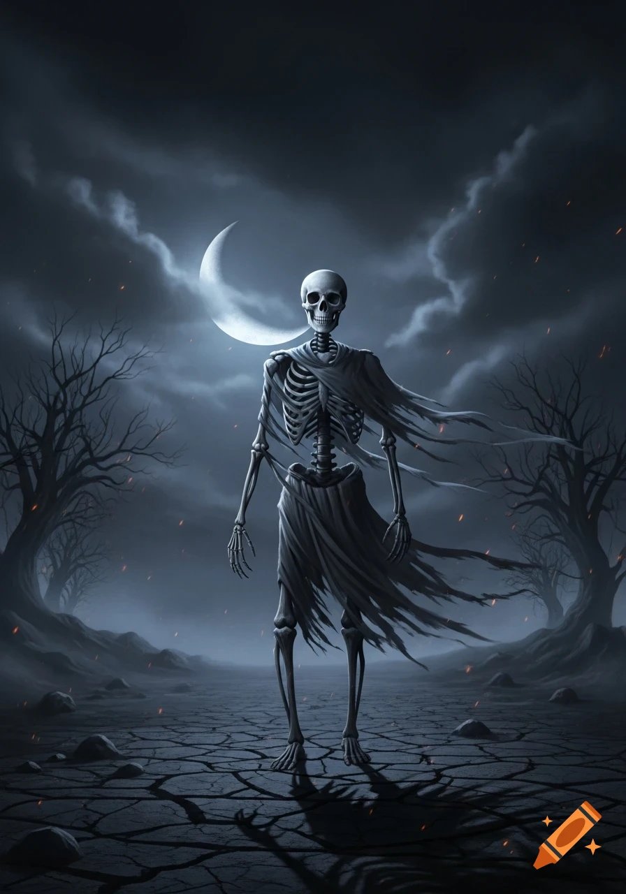 A tall skeleton in tattered cloth stands on cracked ground under a cloudy night sky with a crescent moon and bare trees.