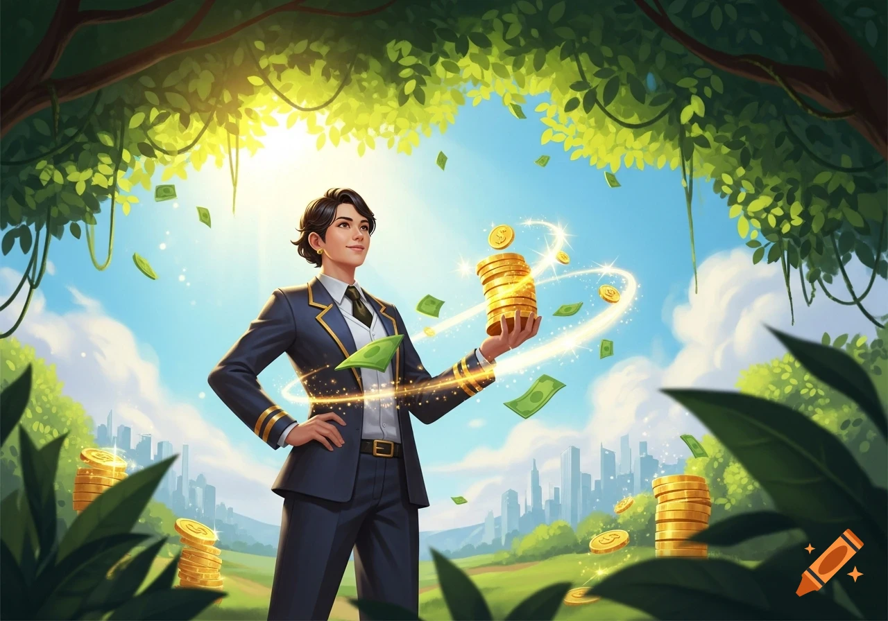 An illustrated person in a suit holds glowing gold coins, surrounded by money, in a lush park with a city skyline.
