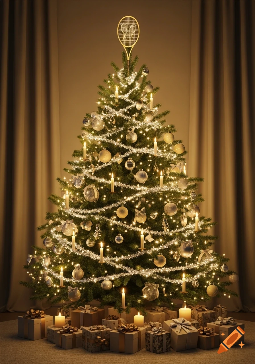 Photorealistic Christmas tree decorated with silver and gold ornaments, lights, and candles. A golden tennis racket tops the tree, with wrapped gifts below.
