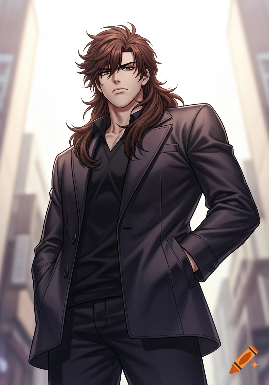 A man with long brown hair and black eyes, wearing a black suit and v-neck shirt, stands in an anime style city setting.