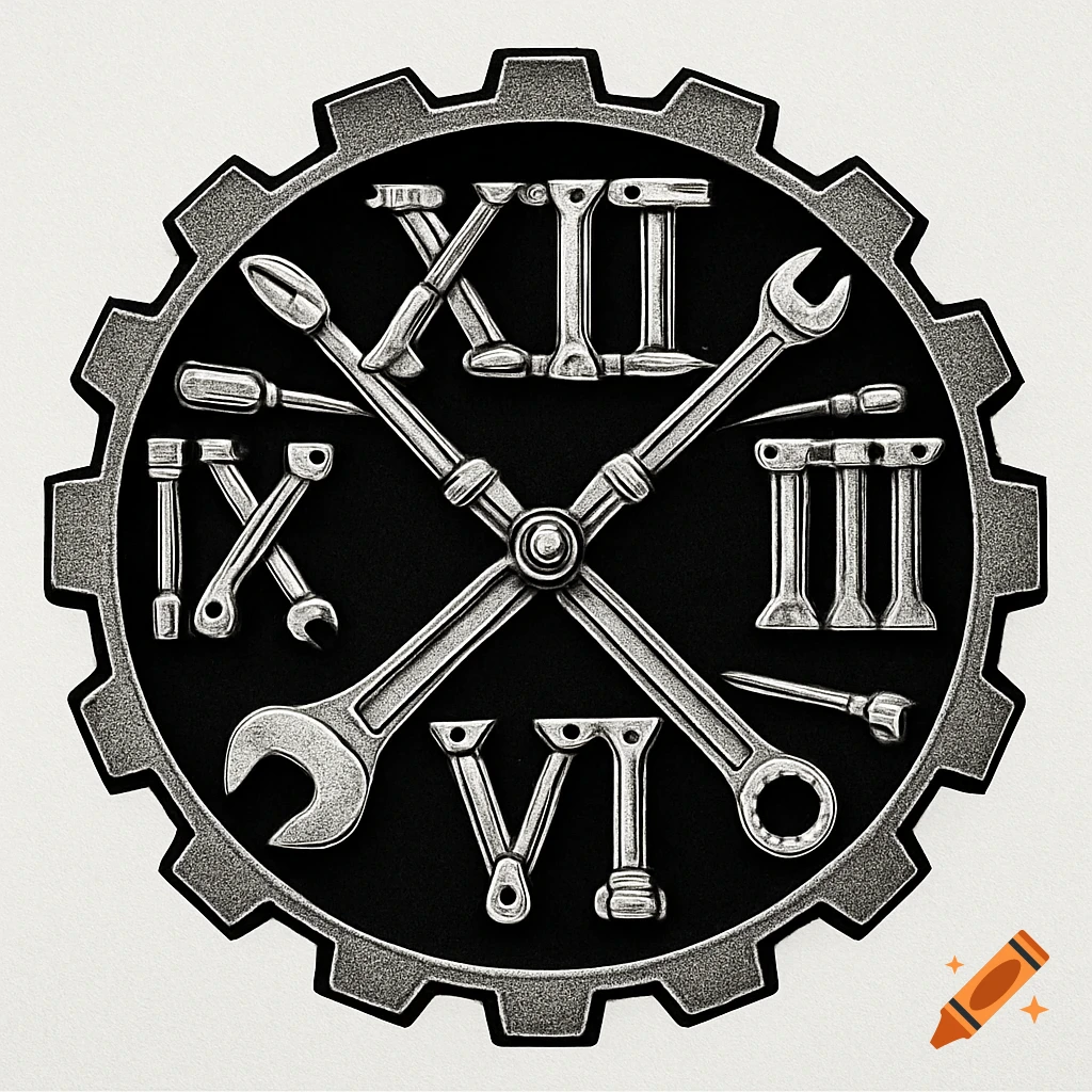 A black and white clock face shaped like a gear with Roman numerals XII, III, VI, IX made from various metal tools like wrenches and screwdrivers.