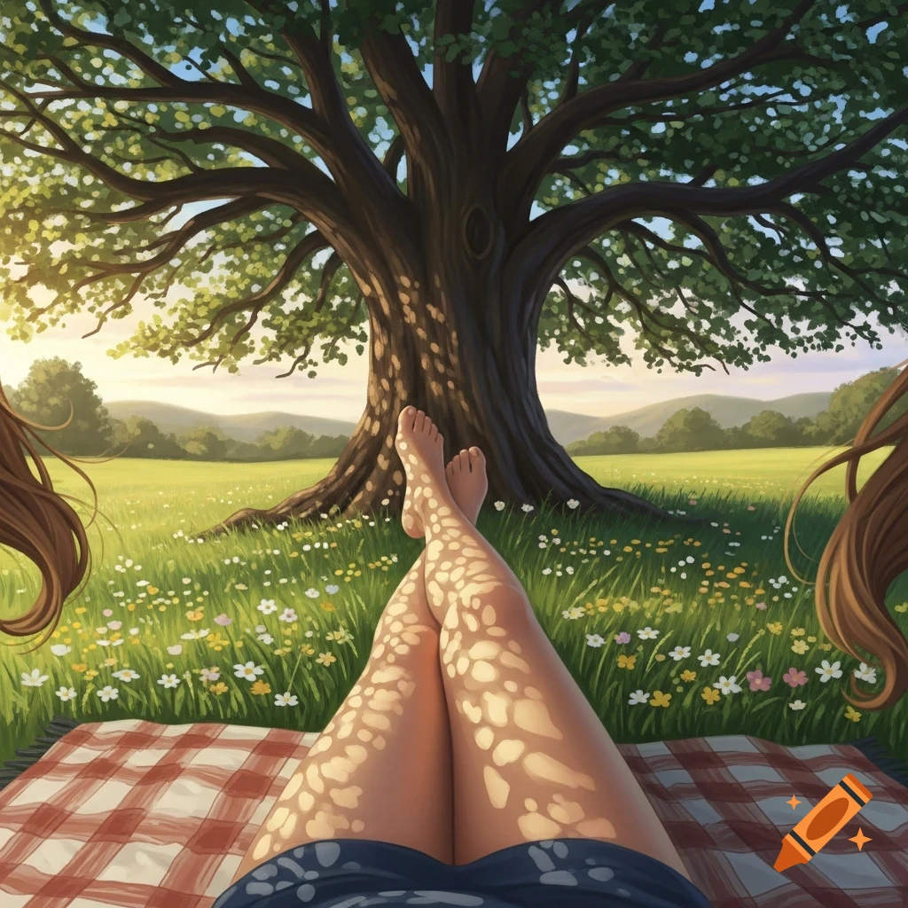 Illustrative view of crossed legs and bare feet on a picnic blanket under a large tree in a sunny, wildflower-filled field.