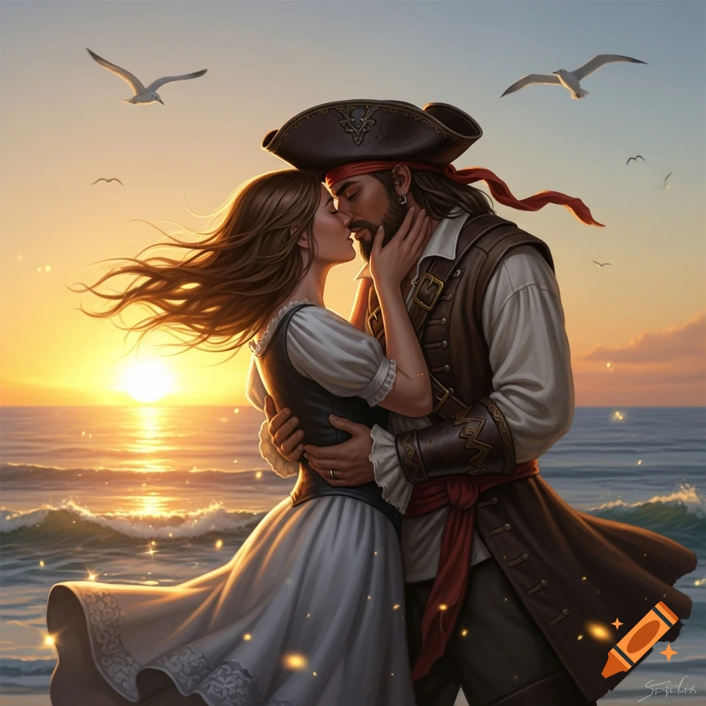 A digital painting of a pirate and a woman kissing tenderly on a beach at sunset over the ocean, with seagulls flying.