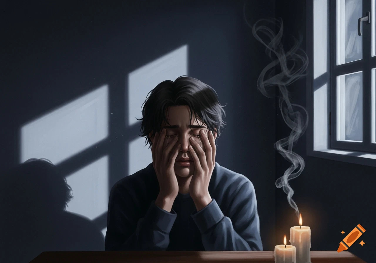 An illustration of a young man crying, hands covering his face, in a dark room with window light and two lit candles.