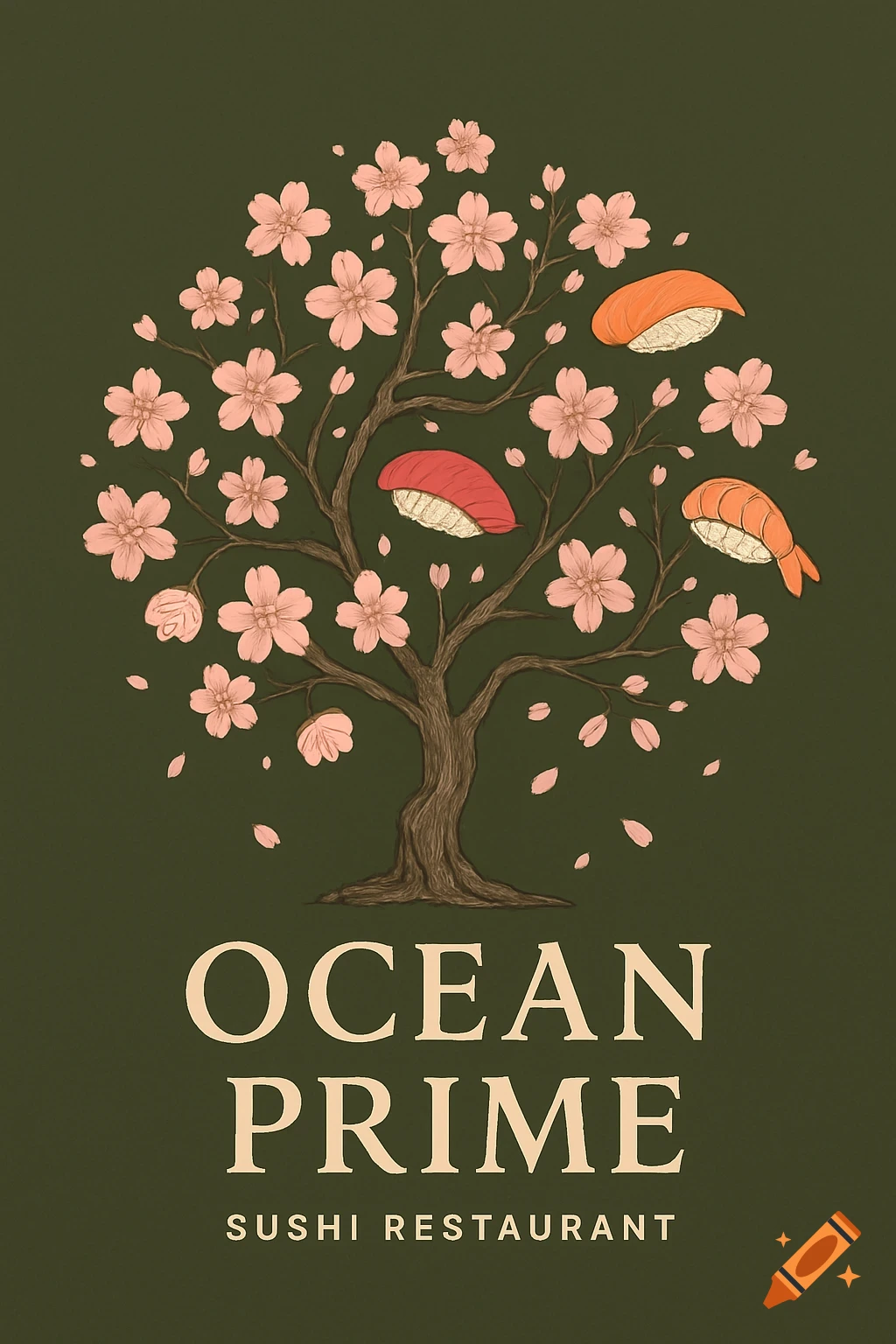 A minimalist logo for Ocean Prime Sushi Restaurant, featuring a cherry blossom tree with sushi pieces as blossoms on a dark green background.