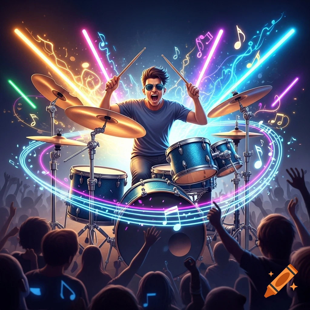 Energetic drummer in sunglasses playing a drum kit on stage with vibrant neon lights and musical notes, viewed from a cheering crowd.