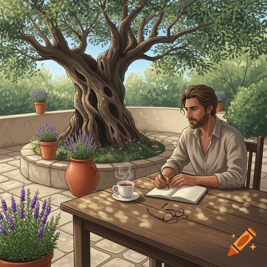 A man with brown hair sits at a wooden table on a sunny patio, writing in a notebook under a large olive tree, surrounded by lavender pots.