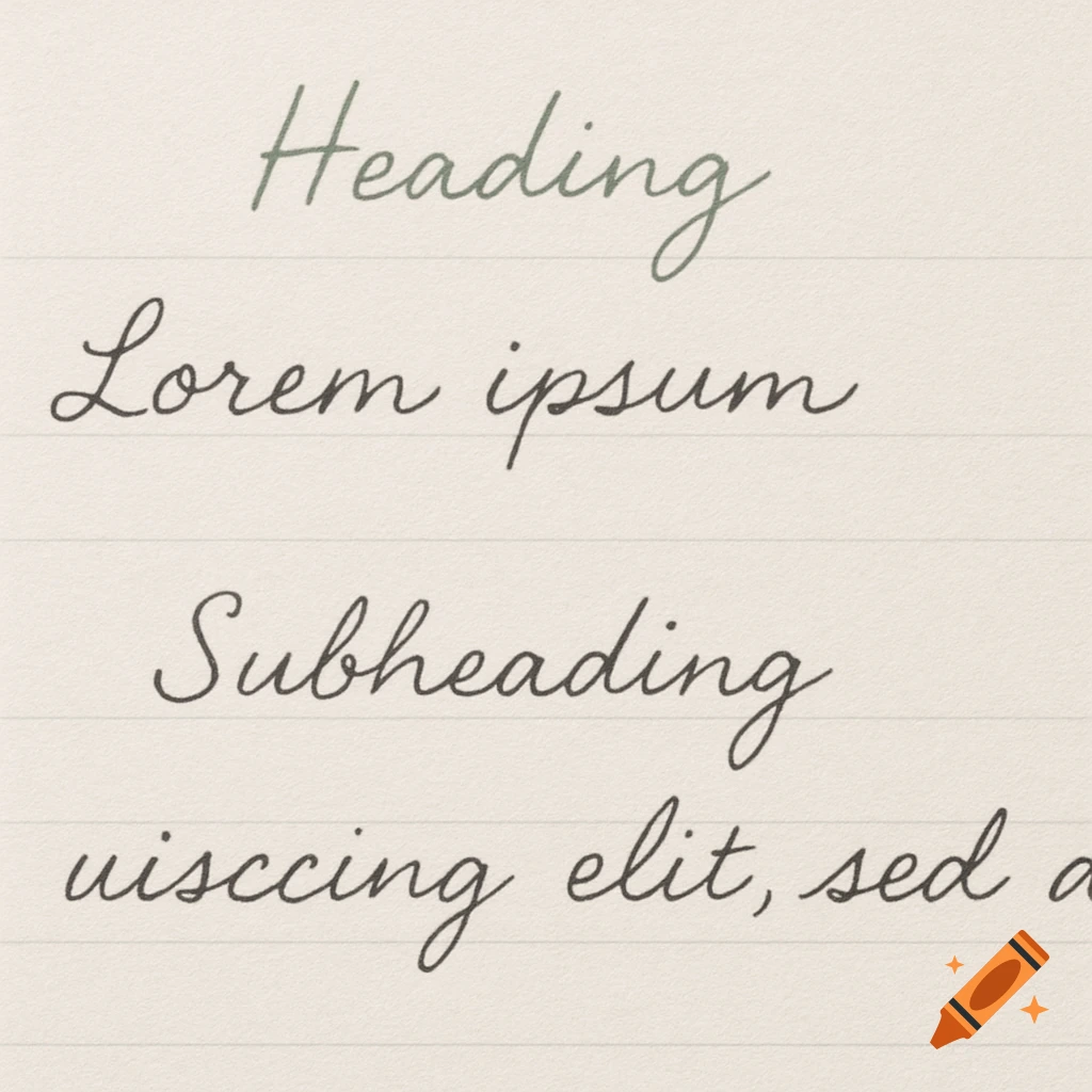 Close-up of cream-colored lined paper with handwritten text in black and muted green cursive fonts, including headings and lorem ipsum.