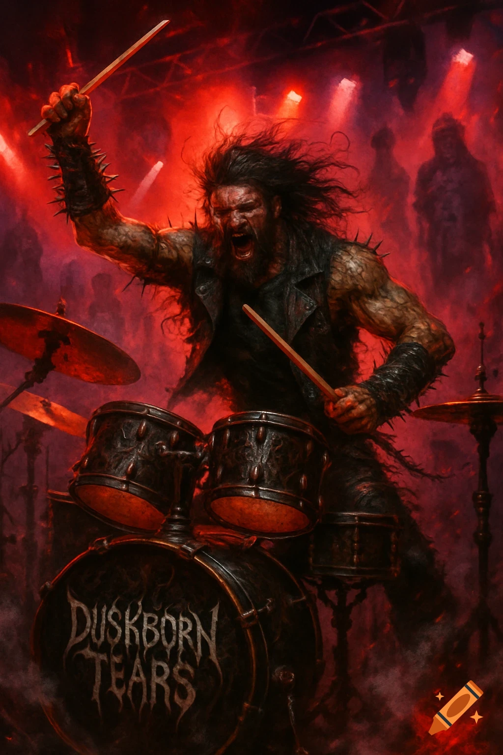 A long-haired, bearded drummer in a spiked vest fiercely plays drums under red stage lights, with "DUSBORN TEARS" on the bass drum.