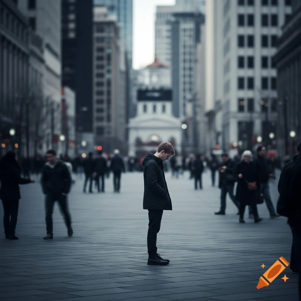 A lone man stands introspectively on a city street with a blurred crowd in the background, in muted tones.