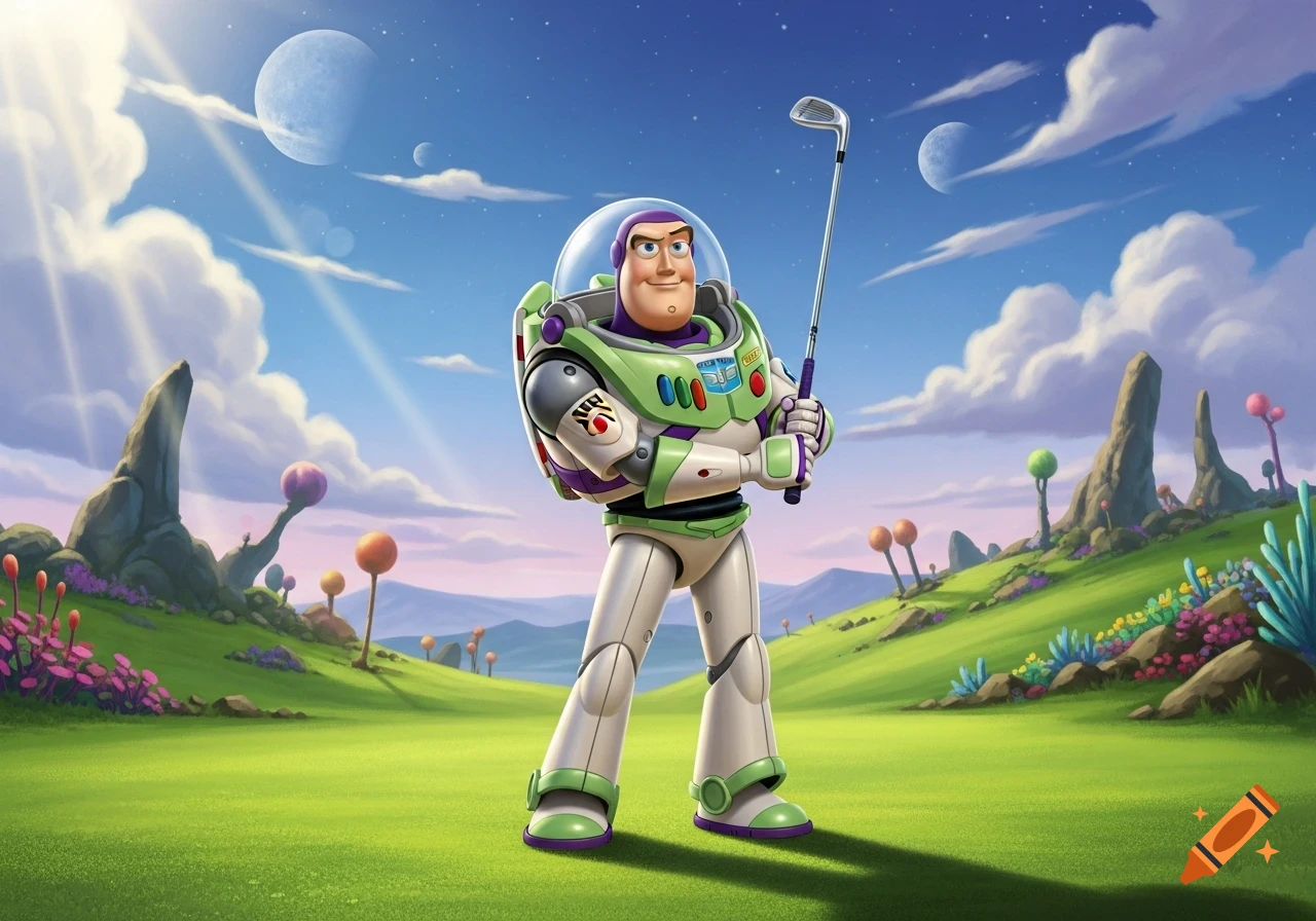 Buzz Lightyear in his space suit holding a golf club on a vibrant alien planet with unusual flora and moons.