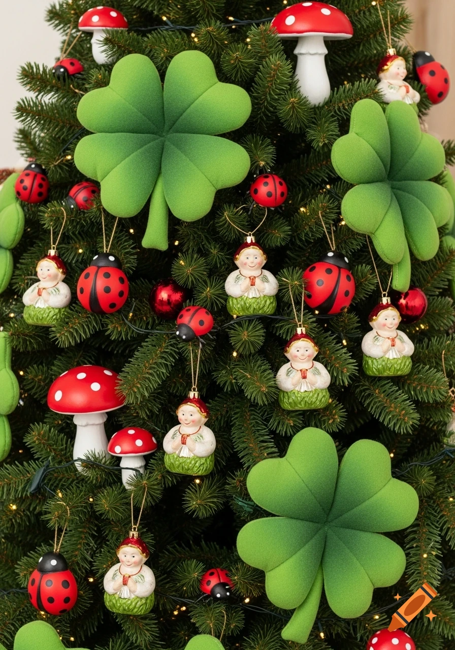A photorealistic close-up of a Christmas tree decorated with green four-leaf clovers, red ladybugs, white and red mushrooms, and small figurines.