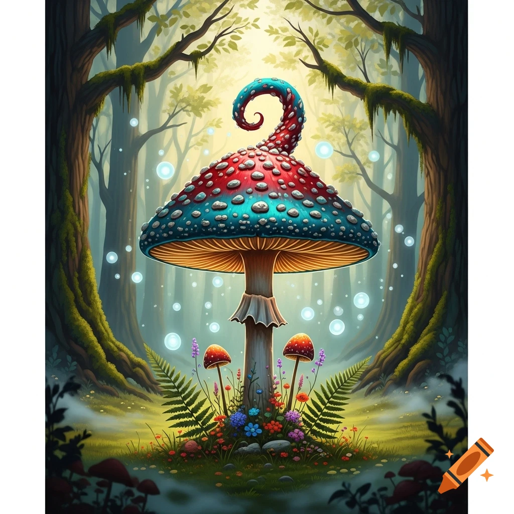 A vibrant, whimsical fantasy mushroom with a red and blue spotted, curled cap stands in a magical forest clearing with glowing orbs.