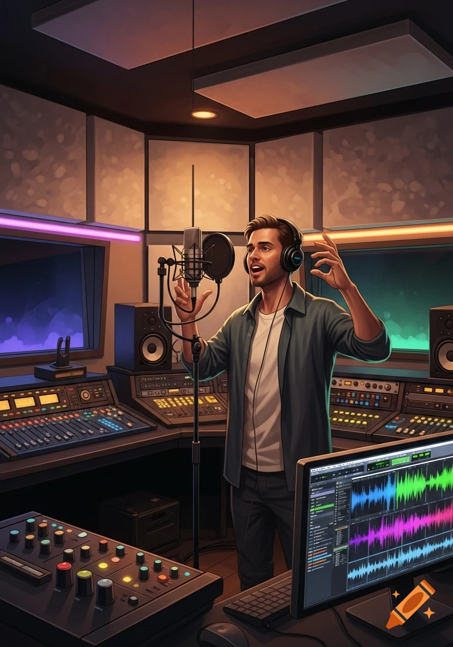 A man with headphones sings into a studio microphone, surrounded by sound mixing boards and a computer displaying audio waveforms.