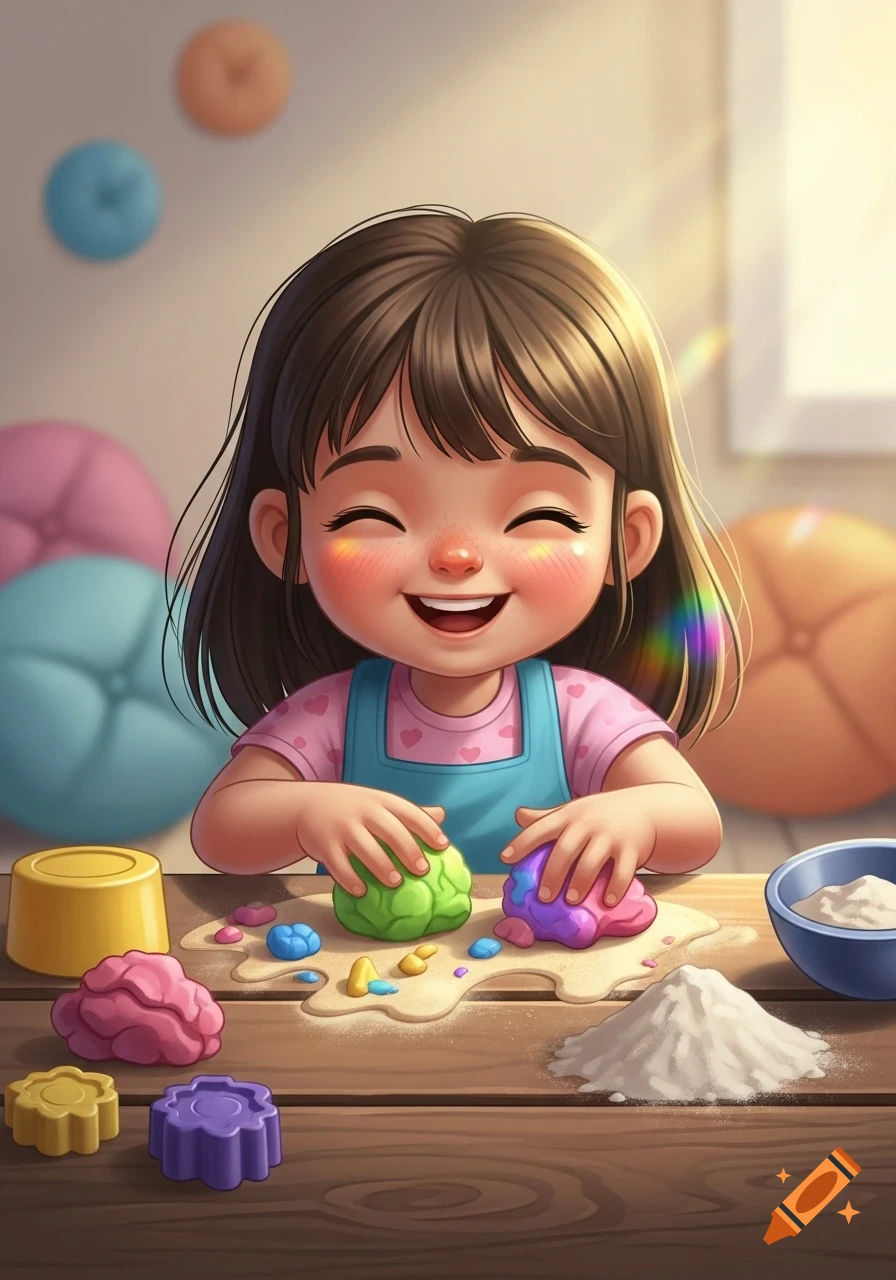 A happy cartoon girl plays with colorful play dough, sand, and flour on a wooden table.