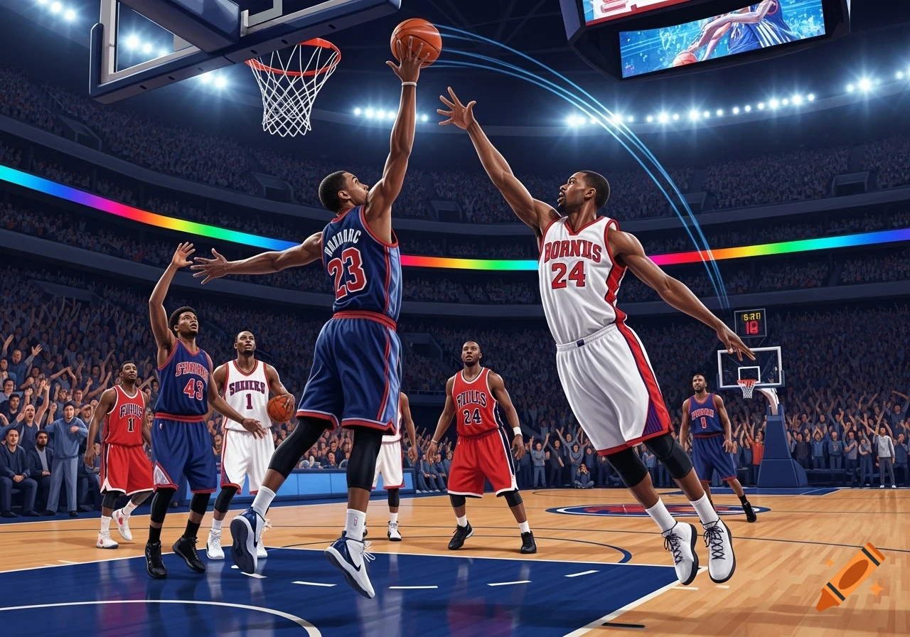 Basketball players in a vibrant stadium, one leaping for a dunk while another attempts to block, surrounded by a cheering crowd.