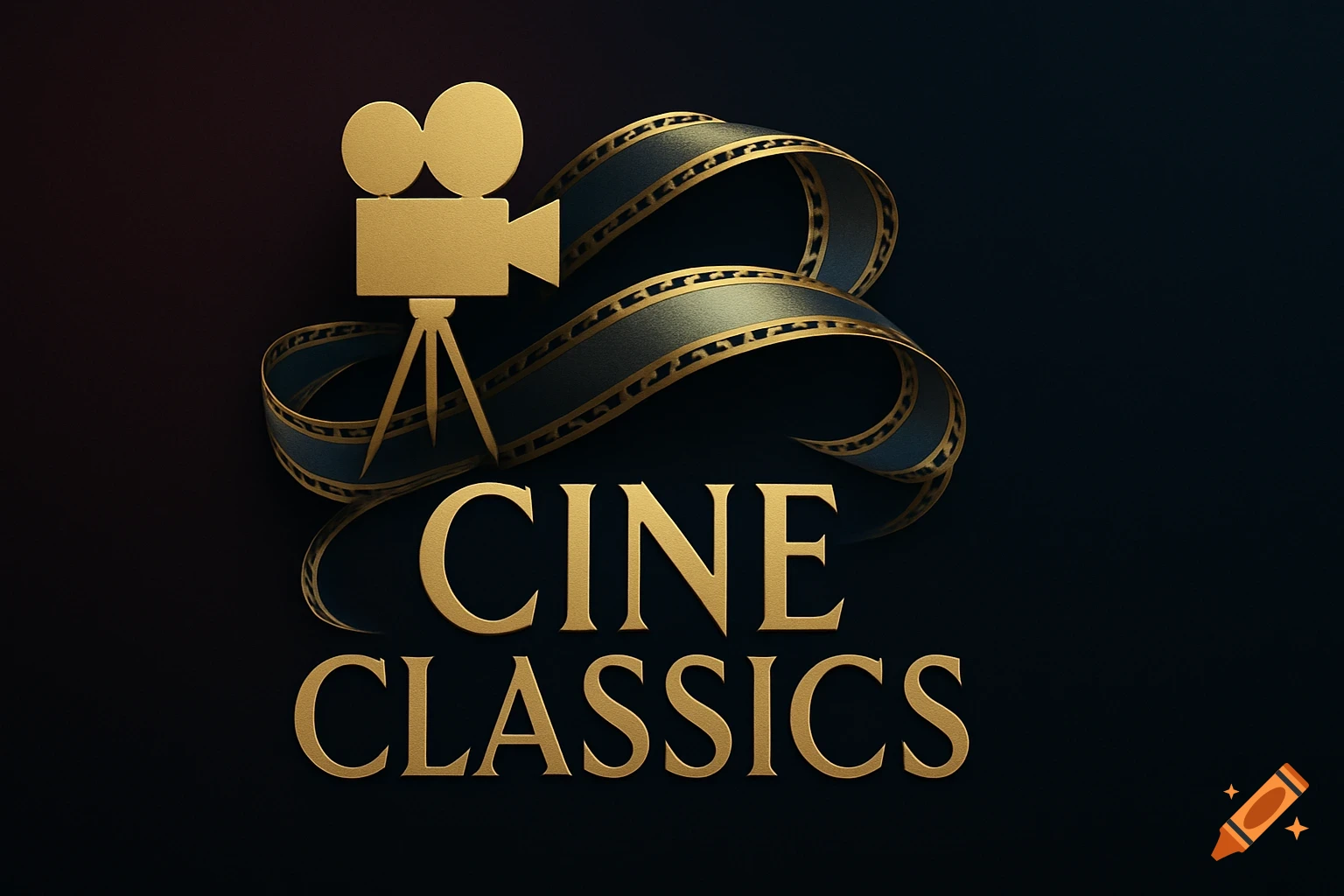Golden 3D logo featuring a vintage film camera, a winding film reel, and the text 'CINE CLASSICS' on a dark background.